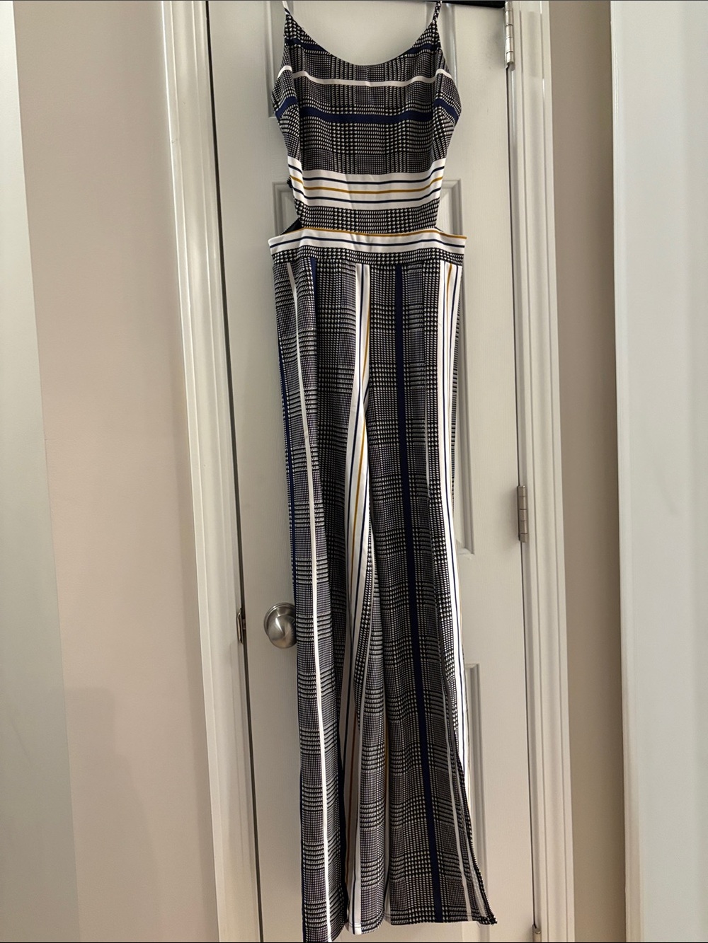 Striped Plaid Sleeveless Jumpsuit in Black and White w Navy & Gold Details